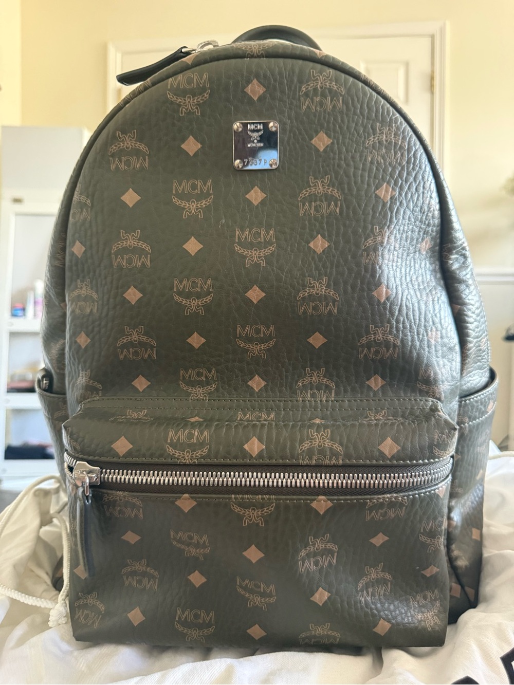 MCM Olive Monogram Backpack with Tan Logo Print